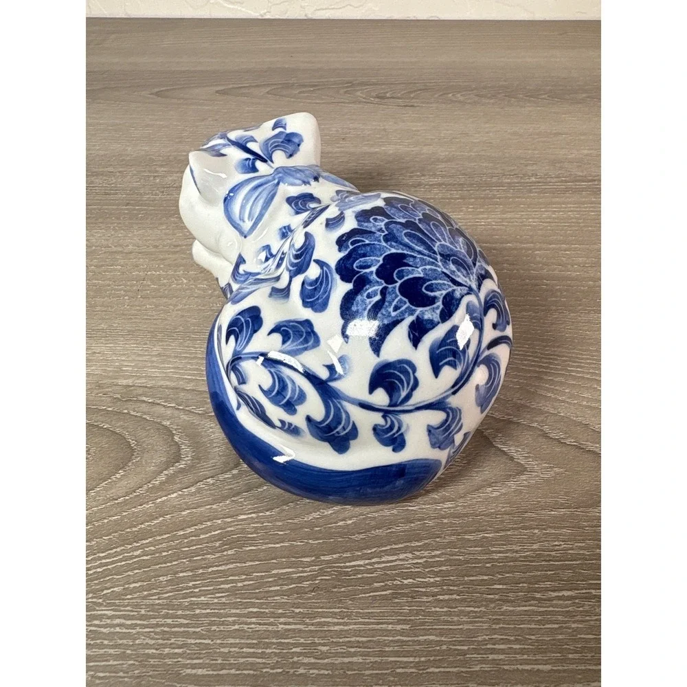 Vintage Cobalt Blue & White Flowers Sleeping Hand-Painted Collectible Cat w/ Bow